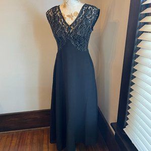 Long Black Cocktail Dress with Lace Bodice